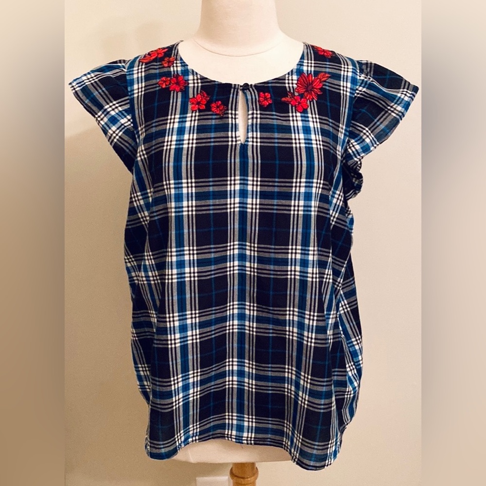 Liz Claiborne Black Blue White Plaid Flutter Sleeves Embroidered Floral Top SZ L
